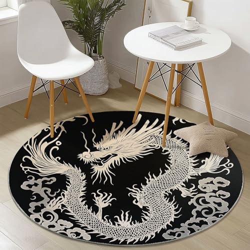 Waschbare Runde Teppiche 150 cm, Papierschnitt Chinesischer Drache Muster Rutschfester Runder Rugs für das Wohnzimmer, Schwarz Weicher Niedrigfloriger Teppich für unter den Esstisch von Generisch