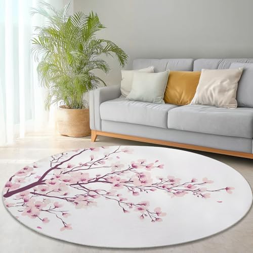 Waschbare Runde Teppiche 150 cm, Pflanzen Kirschblütenbäume Muster Rutschfester Runder Rugs für das Wohnzimmer, Weiß Weicher Niedrigfloriger Teppich für unter den Esstisch von Generisch