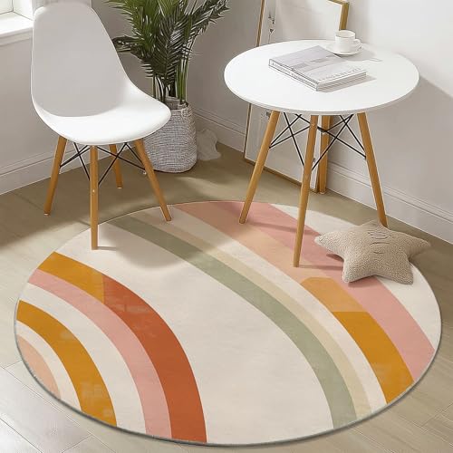 Waschbare Runde Teppiche 150 cm, Retro Regenbogen Kurve Muster Rutschfester Runder Rugs für das Wohnzimmer, Beige Weicher Niedrigfloriger Teppich für unter den Esstisch Waschbare Runde Teppiche 150 cm, Retro Regenbogen Kurve Muster Rutschfester Runder Rugs für das Wohnzimmer, Beige Weicher Niedrigfloriger Teppich für unter den Esstisch von Generisch