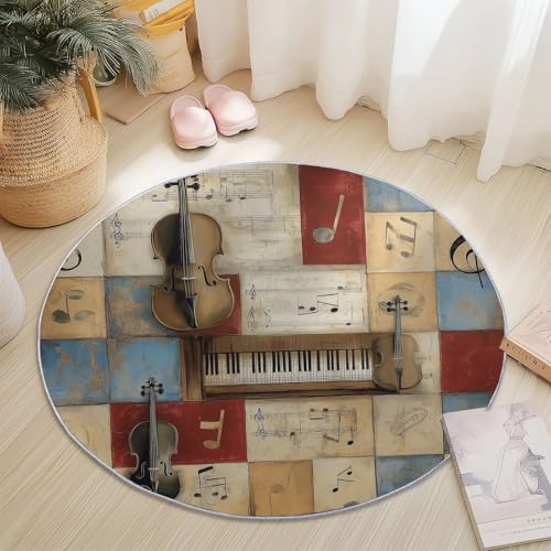 Waschbare Runde Teppiche 150 cm, Retro Violine Klavier Muster Rutschfester Runder Rugs für das Wohnzimmer, Braun Weicher Niedrigfloriger Teppich für unter den Esstisch Waschbare Runde Teppiche 150 cm, Retro Violine Klavier Muster Rutschfester Runder Rugs für das Wohnzimmer, Braun Weicher Niedrigfloriger Teppich für unter den Esstisch von Generisch