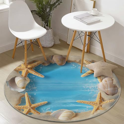 Waschbare Runde Teppiche 150 cm, Strand Seesterne Muscheln Muster Rutschfester Runder Rugs für das Wohnzimmer, Blau Weicher Niedrigfloriger Teppich für unter den Esstisch Waschbare Runde Teppiche 150 cm, Strand Seesterne Muscheln Muster Rutschfester Runder Rugs für das Wohnzimmer, Blau Weicher Niedrigfloriger Teppich für unter den Esstisch von Generisch