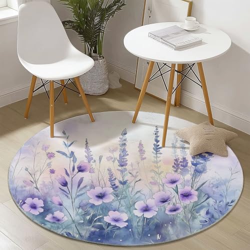 Waschbare Runde Teppiche 150 cm, Traum Wildblumen Muster Rutschfester Runder Rugs für das Wohnzimmer, Grau Lila Weicher Niedrigfloriger Teppich für unter den Esstisch von Generisch