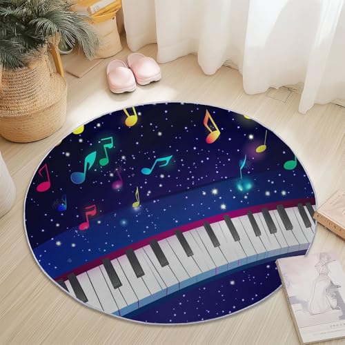 Waschbare Runde Teppiche 150 cm, Weltraum Klavier Musiknoten Muster Rutschfester Runder Rugs für das Wohnzimmer, Lila Weicher Niedrigfloriger Teppich für unter den Esstisch von Generisch
