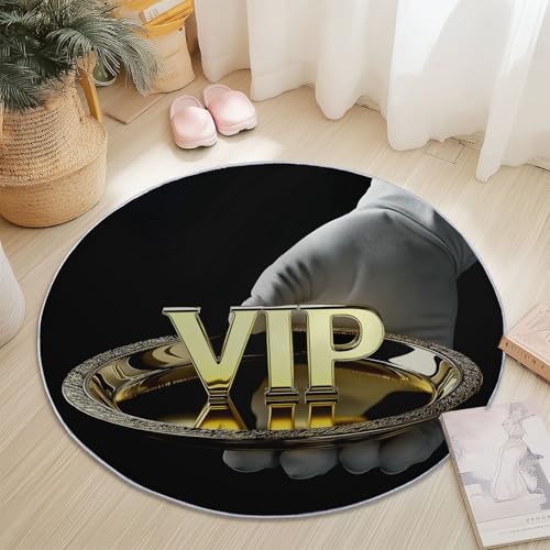 Waschbare Runde Teppiche 160 cm, 3D VIP Tablett Muster Rutschfester Runder Rugs für das Wohnzimmer, Schwarz Weicher Niedrigfloriger Teppich für unter den Esstisch von Generisch