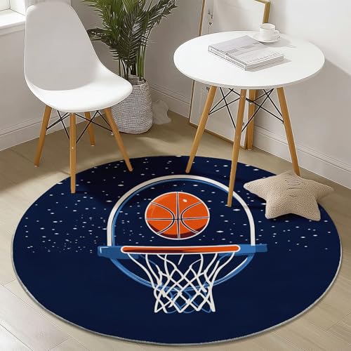 Waschbare Runde Teppiche 160 cm, Abstrakt Basketball Muster Rutschfester Runder Rugs für das Wohnzimmer, Blau Weicher Niedrigfloriger Teppich für unter den Esstisch von Generisch