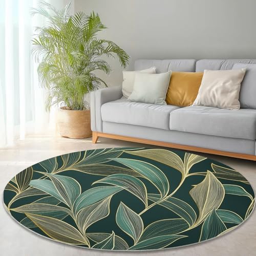Waschbare Runde Teppiche 160 cm, Abstrakt Blätter Linien Muster Rutschfester Runder Rugs für das Wohnzimmer, Dunkelgrün Weicher Niedrigfloriger Teppich für unter den Esstisch Waschbare Runde Teppiche 160 cm, Abstrakt Blätter Linien Muster Rutschfester Runder Rugs für das Wohnzimmer, Dunkelgrün Weicher Niedrigfloriger Teppich für unter den Esstisch von Generisch