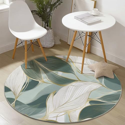Waschbare Runde Teppiche 160 cm, Abstrakt Blätter Linien Muster Rutschfester Runder Rugs für das Wohnzimmer, Grün Weicher Niedrigfloriger Teppich für unter den Esstisch Waschbare Runde Teppiche 160 cm, Abstrakt Blätter Linien Muster Rutschfester Runder Rugs für das Wohnzimmer, Grün Weicher Niedrigfloriger Teppich für unter den Esstisch von Generisch