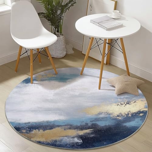 Waschbare Runde Teppiche 160 cm, Abstrakt Meerblick Wolken Muster Rutschfester Runder Rugs für das Wohnzimmer, Blaugrau Weicher Niedrigfloriger Teppich für unter den Esstisch von Generisch