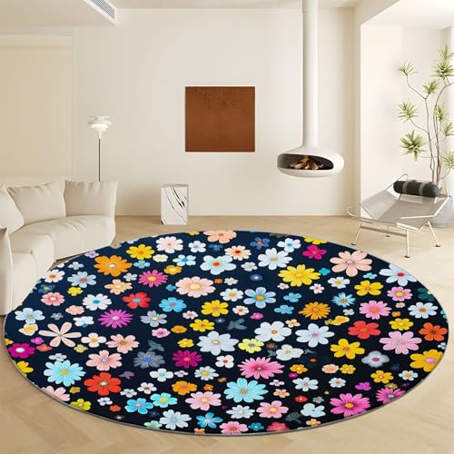 Waschbare Runde Teppiche 160 cm, Botanische Blumen Blätter Streifen Rutschfester Runder Rugs für das Wohnzimmer, Cartoon Stil Weicher Niedrigfloriger Teppich für unter den Esstisch von Generisch