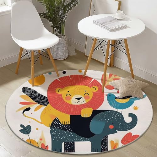 Waschbare Runde Teppiche 160 cm, Cartoon Löwe Elefant Muster Rutschfester Runder Rugs für das Wohnzimmer, Beige Weicher Niedrigfloriger Teppich für unter den Esstisch Waschbare Runde Teppiche 160 cm, Cartoon Löwe Elefant Muster Rutschfester Runder Rugs für das Wohnzimmer, Beige Weicher Niedrigfloriger Teppich für unter den Esstisch von Generisch