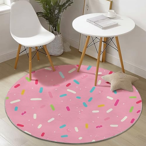 Waschbare Runde Teppiche 160 cm, Cartoon Süß Linie Muster Rutschfester Runder Rugs für das Wohnzimmer, Rosa Weicher Niedrigfloriger Teppich für unter den Esstisch von Generisch