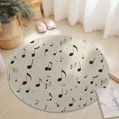 Waschbare Runde Teppiche 160 cm, Einfach Retro Musiknote Muster Rutschfester Runder Rugs für das Wohnzimmer, Beige Weicher Niedrigfloriger Teppich für unter den Esstisch von Generisch