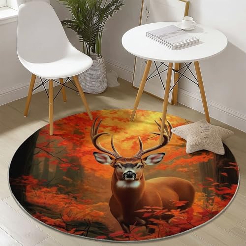 Waschbare Runde Teppiche 160 cm, Herbstwald Hirsch Muster Rutschfester Runder Rugs für das Wohnzimmer, Orange Farbe Weicher Niedrigfloriger Teppich für unter den Esstisch von Generisch