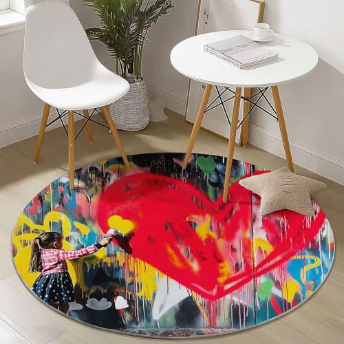 Waschbare Runde Teppiche 160 cm, Herz Graffitiwand Mädchen Muster Rutschfester Runder Rugs für das Wohnzimmer, Farbe Weicher Niedrigfloriger Teppich für unter den Esstisch von Generisch