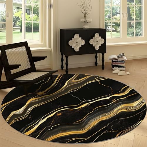 Waschbare Runde Teppiche 160 cm, Schwarz Goldene Marmortextur Rutschfester Runder Rugs für das Wohnzimmer, Schwarz Gold Weicher Niedrigfloriger Teppich für unter den Esstisch von Generisch