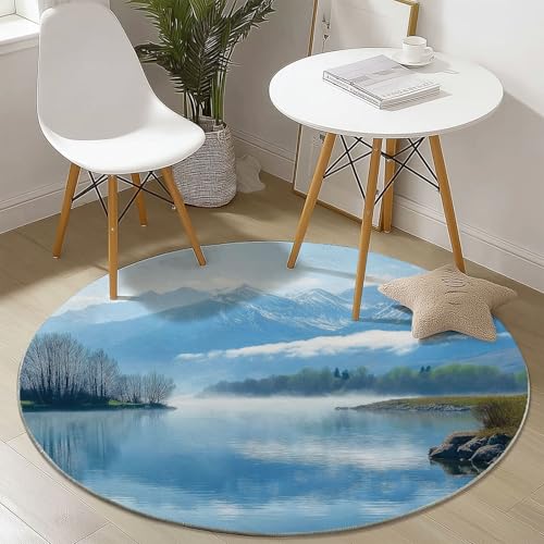 Waschbare Runde Teppiche 160 cm, See Berglandschaft Muster Rutschfester Runder Rugs für das Wohnzimmer, Blau Weicher Niedrigfloriger Teppich für unter den Esstisch von Generisch