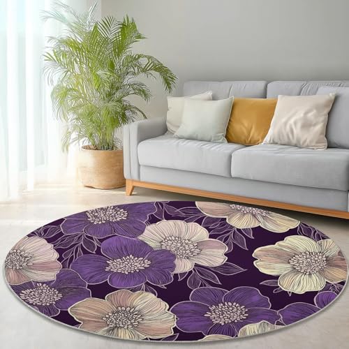 Waschbare Runde Teppiche 180 cm, Abstrakt Blumen Textur Muster Rutschfester Runder Rugs für das Wohnzimmer, Lila Weicher Niedrigfloriger Teppich für unter den Esstisch Waschbare Runde Teppiche 180 cm, Abstrakt Blumen Textur Muster Rutschfester Runder Rugs für das Wohnzimmer, Lila Weicher Niedrigfloriger Teppich für unter den Esstisch von Generisch
