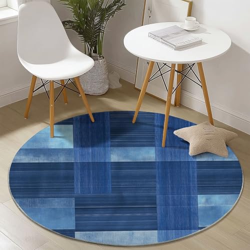 Waschbare Runde Teppiche 180 cm, Abstrakt Quadrate Streifen Muster Rutschfester Runder Rugs für das Wohnzimmer, Blau Weicher Niedrigfloriger Teppich für unter den Esstisch Waschbare Runde Teppiche 180 cm, Abstrakt Quadrate Streifen Muster Rutschfester Runder Rugs für das Wohnzimmer, Blau Weicher Niedrigfloriger Teppich für unter den Esstisch von Generisch