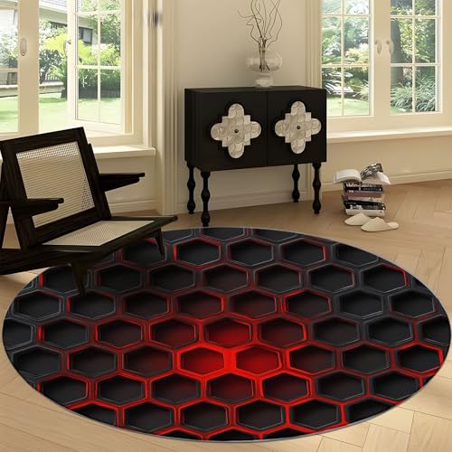 Waschbare Runde Teppiche 180 cm, Abstrakte Sechseckige Geometrische Streifen Rutschfester Runder Rugs für das Wohnzimmer, Rot Schwarz Weicher Niedrigfloriger Teppich für unter den Esstisch von Generisch