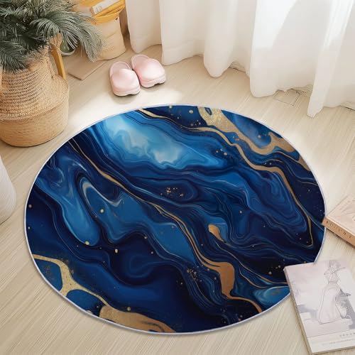 Waschbare Runde Teppiche 180 cm, Abstrakter Blauer Und Goldener Marmor Muster Rutschfester Runder Rugs für das Wohnzimmer, Blau Weicher Niedrigfloriger Teppich für unter den Esstisch Waschbare Runde Teppiche 180 cm, Abstrakter Blauer Und Goldener Marmor Muster Rutschfester Runder Rugs für das Wohnzimmer, Blau Weicher Niedrigfloriger Teppich für unter den Esstisch von Generisch