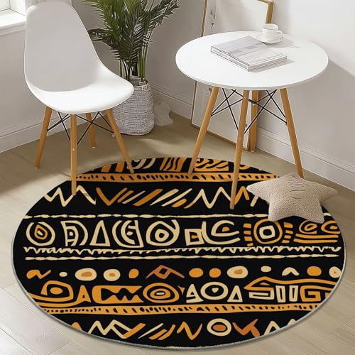 Waschbare Runde Teppiche 180 cm, Afrikanischer Stamm Runen Linien Muster Rutschfester Runder Rugs für das Wohnzimmer, Schwarz Weicher Niedrigfloriger Teppich für unter den Esstisch Waschbare Runde Teppiche 180 cm, Afrikanischer Stamm Runen Linien Muster Rutschfester Runder Rugs für das Wohnzimmer, Schwarz Weicher Niedrigfloriger Teppich für unter den Esstisch von Generisch