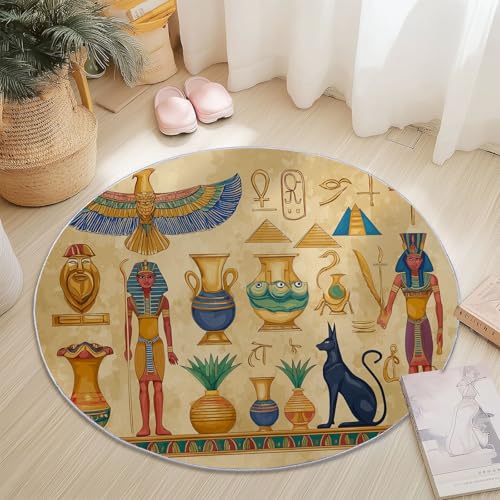 Waschbare Runde Teppiche 180 cm, Altes Ägypten Pharaonenstatue Artefakte Muster Rutschfester Runder Läufer für das Wohnzimmer, Sand Weicher Niedrigfloriger Teppich für unter den Esstisch von Generisch