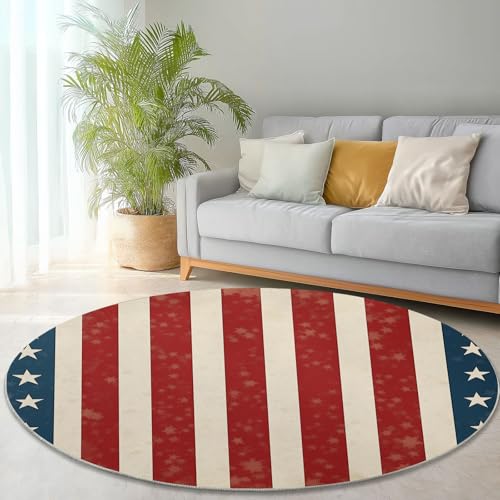 Waschbare Runde Teppiche 180 cm, Amerikanische Flagge Streifen Muster Rutschfester Runder Rugs für das Wohnzimmer, Rot Weicher Niedrigfloriger Teppich für unter den Esstisch von Generisch