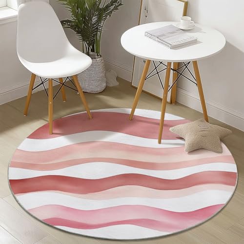 Waschbare Runde Teppiche 180 cm, Aquarell Wellen Streifen Muster Rutschfester Runder Rugs für das Wohnzimmer, Rosa Weicher Niedrigfloriger Teppich für unter den Esstisch von Generisch