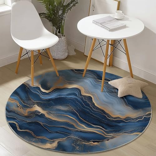 Waschbare Runde Teppiche 180 cm, Blauer Marmor Linien Muster Rutschfester Runder Rugs für das Wohnzimmer, Blau Weicher Niedrigfloriger Teppich für unter den Esstisch Waschbare Runde Teppiche 180 cm, Blauer Marmor Linien Muster Rutschfester Runder Rugs für das Wohnzimmer, Blau Weicher Niedrigfloriger Teppich für unter den Esstisch von Generisch