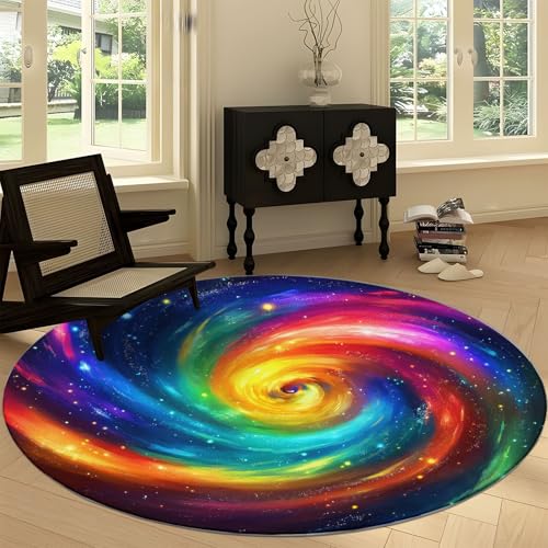 Waschbare Runde Teppiche 180 cm, Fantasy Wirbel Regenbogen Galaxie Rutschfester Runder Rugs für das Wohnzimmer, Bunt Weicher Niedrigfloriger Teppich für unter den Esstisch von Generisch