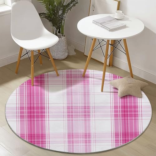 Waschbare Runde Teppiche 180 cm, Gitter Linien Muster Rutschfester Runder Rugs für das Wohnzimmer, Rosa Weicher Niedrigfloriger Teppich für unter den Esstisch von Generisch