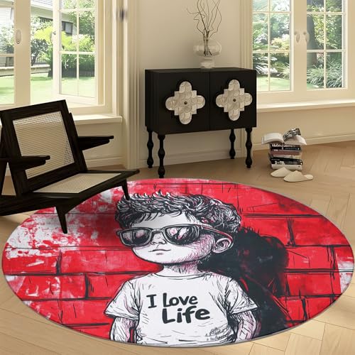 Waschbare Runde Teppiche 180 cm, Graffiti Ziegelwand Kleiner Junge Textur Rutschfester Runder Rugs für das Wohnzimmer, Rot Weicher Niedrigfloriger Teppich für unter den Esstisch von Generisch