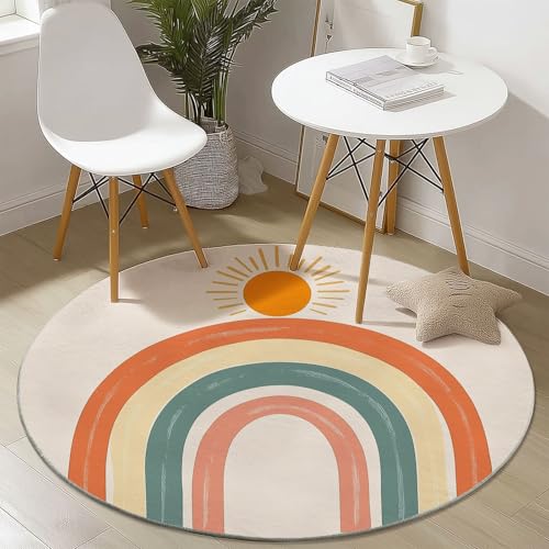 Waschbare Runde Teppiche 180 cm, Linien Bunte Bögen Sonne Muster Rutschfester Runder Rugs für das Wohnzimmer, Beige Weicher Niedrigfloriger Teppich für unter den Esstisch von Generisch
