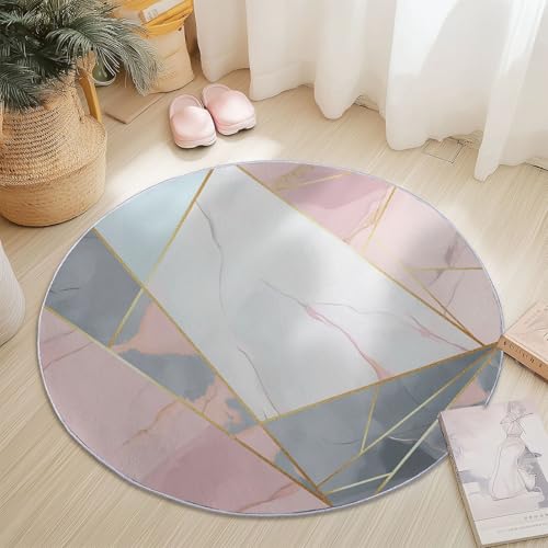Waschbare Runde Teppiche 180 cm, Marmor Geometrisch Textur Muster Rutschfester Runder Läufer für das Wohnzimmer, Rosa Grau Weicher Niedrigfloriger Teppich für unter den Esstisch von Generisch