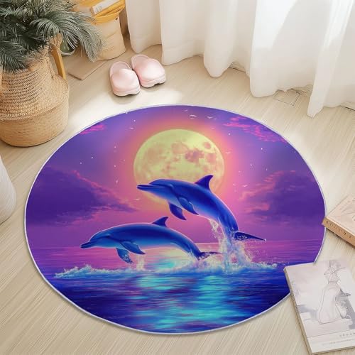 Waschbare Runde Teppiche 180 cm, Meerblick Nachtansicht Delphin Muster Rutschfester Runder Rugs für das Wohnzimmer, Lila Weicher Niedrigfloriger Teppich für unter den Esstisch Waschbare Runde Teppiche 180 cm, Meerblick Nachtansicht Delphin Muster Rutschfester Runder Rugs für das Wohnzimmer, Lila Weicher Niedrigfloriger Teppich für unter den Esstisch von Generisch