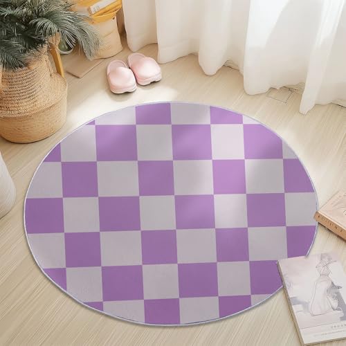 Waschbare Runde Teppiche 180 cm, Modern Minimalistisch Kariert Muster Rutschfester Runder Rugs für das Wohnzimmer, Lila Weicher Niedrigfloriger Teppich für unter den Esstisch von Generisch