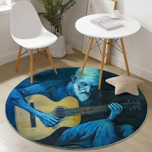 Waschbare Runde Teppiche 180 cm, Ölgemälde Gitarrist Muster Rutschfester Runder Rugs für das Wohnzimmer, Dunkelblau Weicher Niedrigfloriger Teppich für unter den Esstisch Waschbare Runde Teppiche 180 cm, Ölgemälde Gitarrist Muster Rutschfester Runder Rugs für das Wohnzimmer, Dunkelblau Weicher Niedrigfloriger Teppich für unter den Esstisch von Generisch