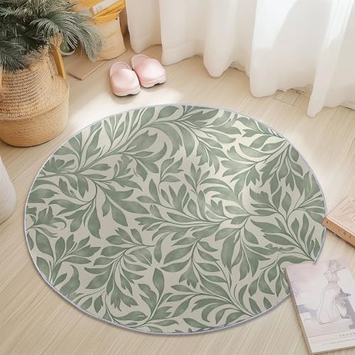 Waschbare Runde Teppiche 180 cm, Retro Blätter Muster Rutschfester Runder Rugs für das Wohnzimmer, Salbeigrün Weicher Niedrigfloriger Teppich für unter den Esstisch Waschbare Runde Teppiche 180 cm, Retro Blätter Muster Rutschfester Runder Rugs für das Wohnzimmer, Salbeigrün Weicher Niedrigfloriger Teppich für unter den Esstisch von Generisch