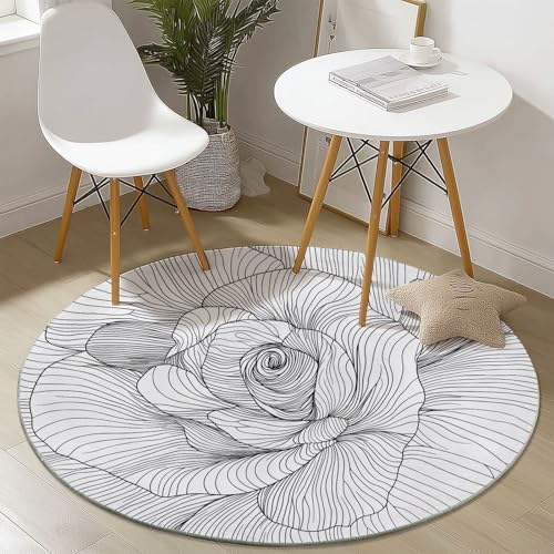 Waschbare Runde Teppiche 180 cm, Retro Rose Linien Muster Rutschfester Runder Rugs für das Wohnzimmer, Weiß Weicher Niedrigfloriger Teppich für unter den Esstisch von Generisch