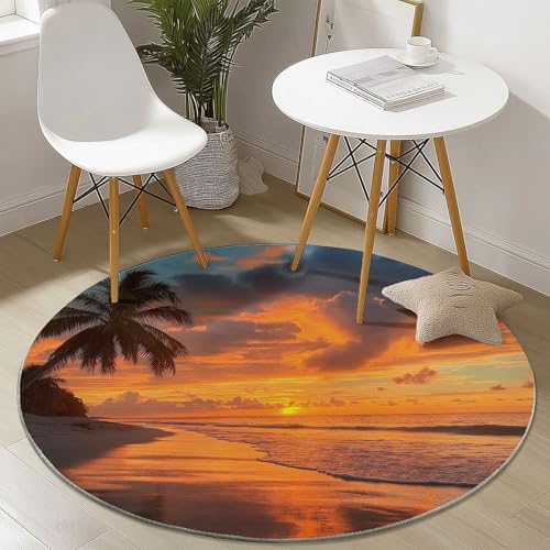 Waschbare Runde Teppiche 180 cm, Schön Strand Sonnenuntergang Muster Rutschfester Runder Rugs für das Wohnzimmer, Orange Farbe Weicher Niedrigfloriger Teppich für unter den Esstisch von Generisch