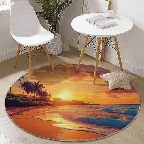 Waschbare Runde Teppiche 180 cm, Schön Strand Sonnenuntergang Muster Rutschfester Runder Rugs für das Wohnzimmer, Orange Farbe Weicher Niedrigfloriger Teppich für unter den Esstisch von Generisch