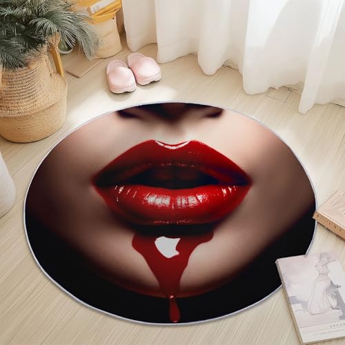 Waschbare Runde Teppiche 180 cm, Schön Weibliche Lippen Muster Rutschfester Runder Rugs für das Wohnzimmer, Rot Weicher Niedrigfloriger Teppich für unter den Esstisch von Generisch