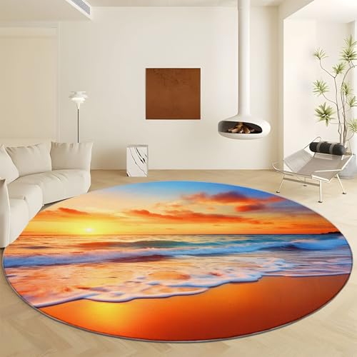 Waschbare Runde Teppiche 180 cm, Strand Sand Wellen und Wolken Rutschfester Runder Rugs für das Wohnzimmer, Naturlandschaft Weicher Niedrigfloriger Teppich für unter den Esstisch von Generisch