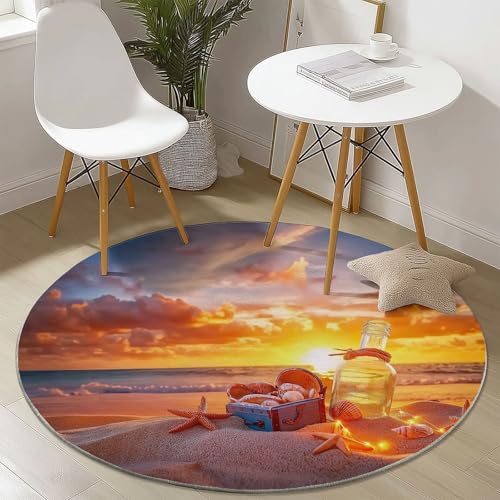 Waschbare Runde Teppiche 180 cm, Strand Sonnenuntergang Seestern Muster Rutschfester Runder Rugs für das Wohnzimmer, Orange Farbe Weicher Niedrigfloriger Teppich für unter den Esstisch von Generisch