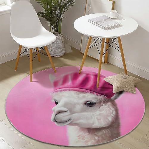 Waschbare Runde Teppiche 180 cm, Süß Alpaka Muster Rutschfester Runder Rugs für das Wohnzimmer, Rosa Weicher Niedrigfloriger Teppich für unter den Esstisch von Generisch