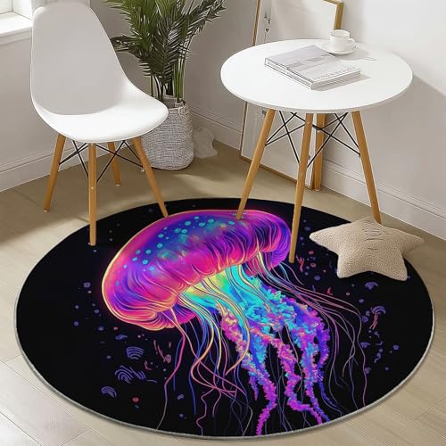 Waschbare Runde Teppiche 180 cm, Traum Qualle Muster Rutschfester Runder Rugs für das Wohnzimmer, Schwarz Weicher Niedrigfloriger Teppich für unter den Esstisch von Generisch