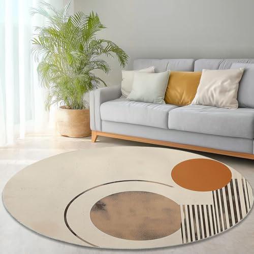Waschbare Runde Teppiche 180 cm, Vintage Linien Poster Muster Rutschfester Runder Rugs für das Wohnzimmer, Beige Weicher Niedrigfloriger Teppich für unter den Esstisch von Generisch