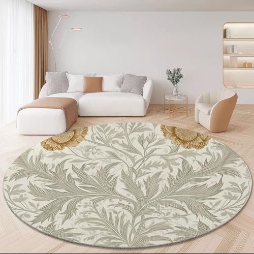 Waschbare Runde Teppiche 180 cm, William Morris Wind Sonnenblumen Weinreben Muster Rutschfester Runder Läufer für das Wohnzimmer, Beige Weicher Niedrigfloriger Teppich für unter den Esstisch von Generisch