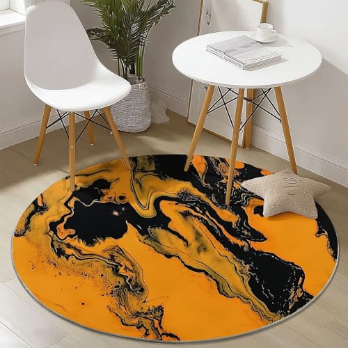 Waschbare Runde Teppiche 60 cm, Abstrakt Oranger Marmor Muster Rutschfester Runder Rugs für das Wohnzimmer, Orange Farbe Weicher Niedrigfloriger Teppich für unter den Esstisch von Generisch