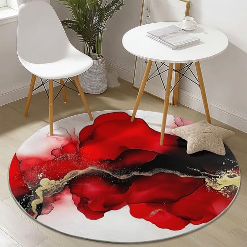 Waschbare Runde Teppiche 60 cm, Abstrakt Tuschemalerei Muster Rutschfester Runder Rugs für das Wohnzimmer, Weiß Rot Weicher Niedrigfloriger Teppich für unter den Esstisch von Generisch